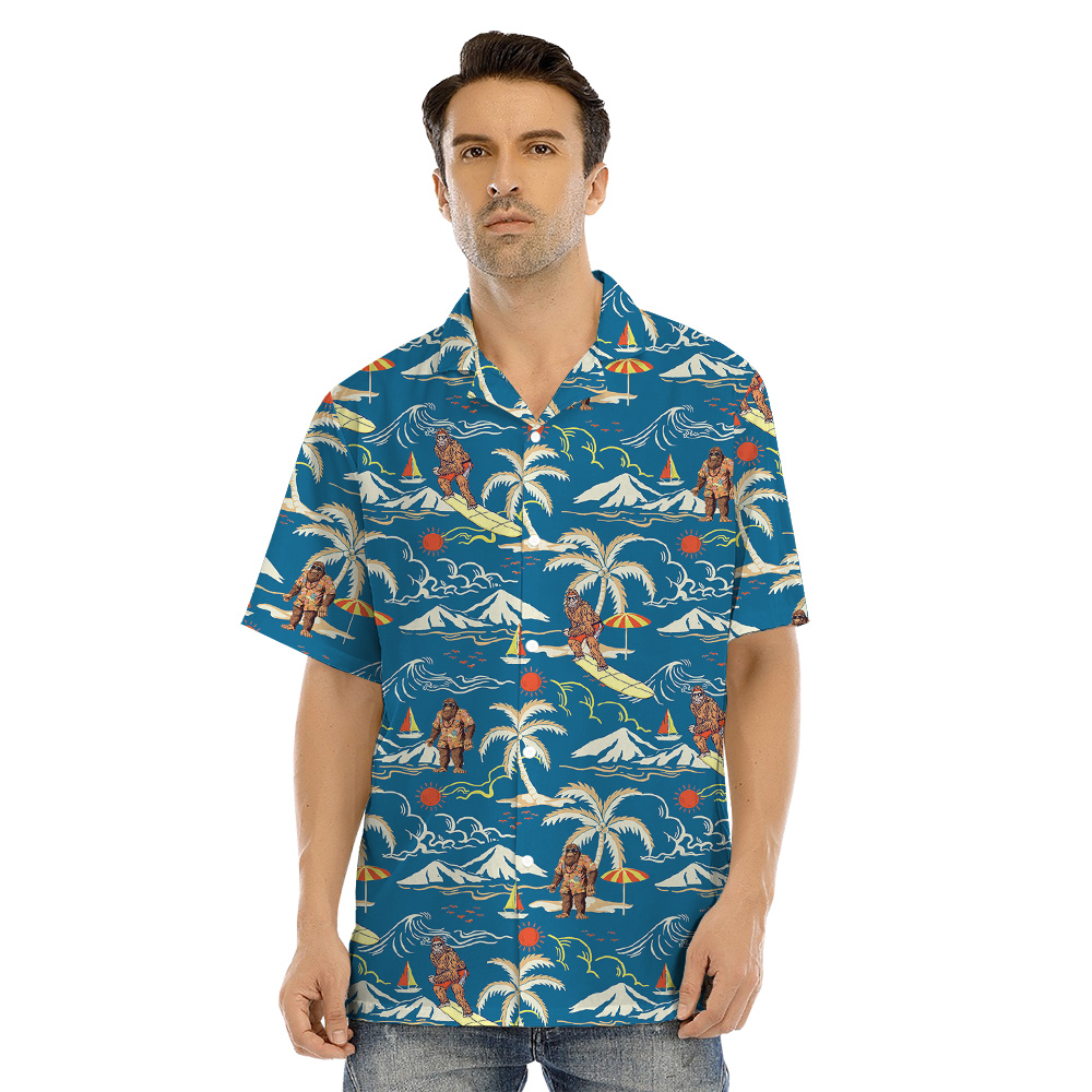 Funny Bigfoot Surfing Vintage Tropical Blue Matching Hawaiian Outfits For Family