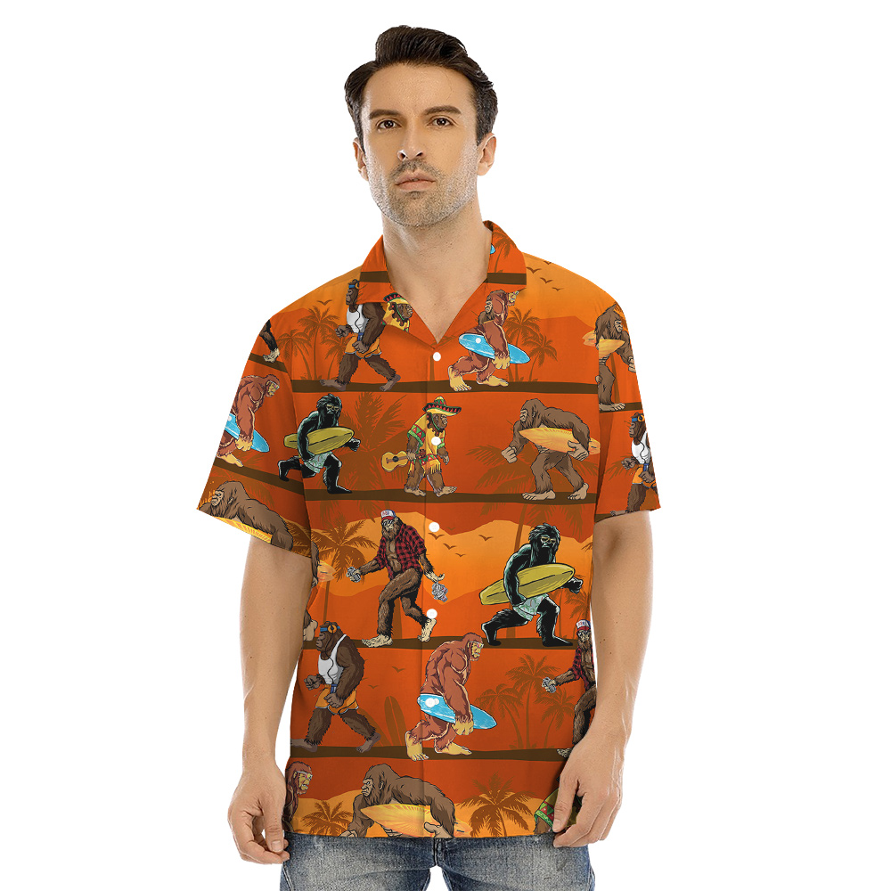 Funny Bigfoot Surfing Board Tropical Palm Trees Matching Orange Hawaiian Outfits For Family