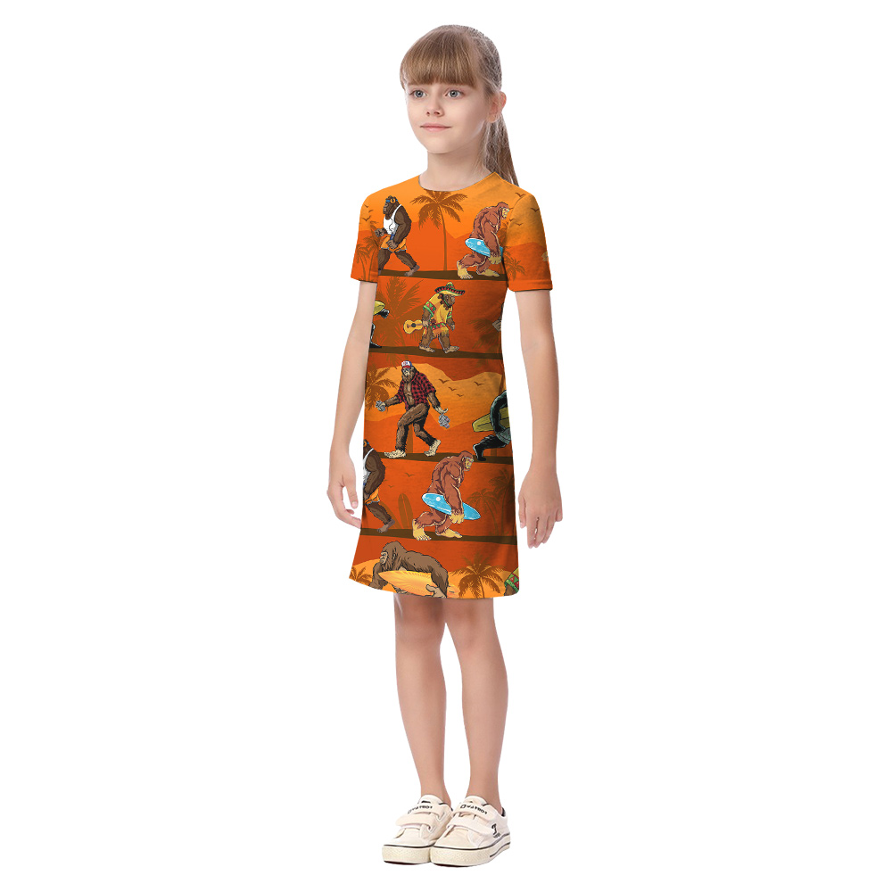 Funny Bigfoot Surfing Board Tropical Palm Trees Matching Orange Hawaiian Outfits For Family