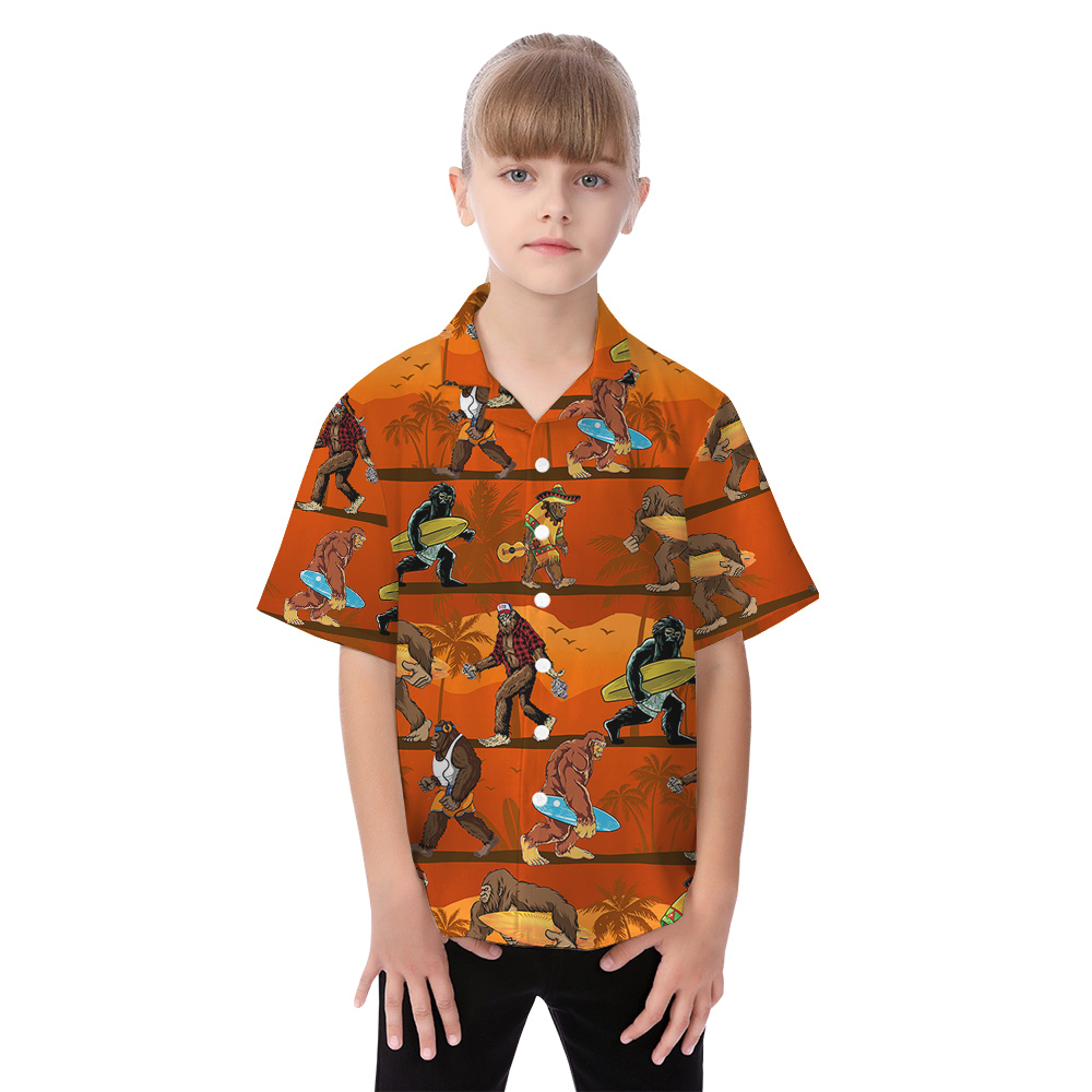 Funny Bigfoot Surfing Board Tropical Palm Trees Matching Orange Hawaiian Outfits For Family