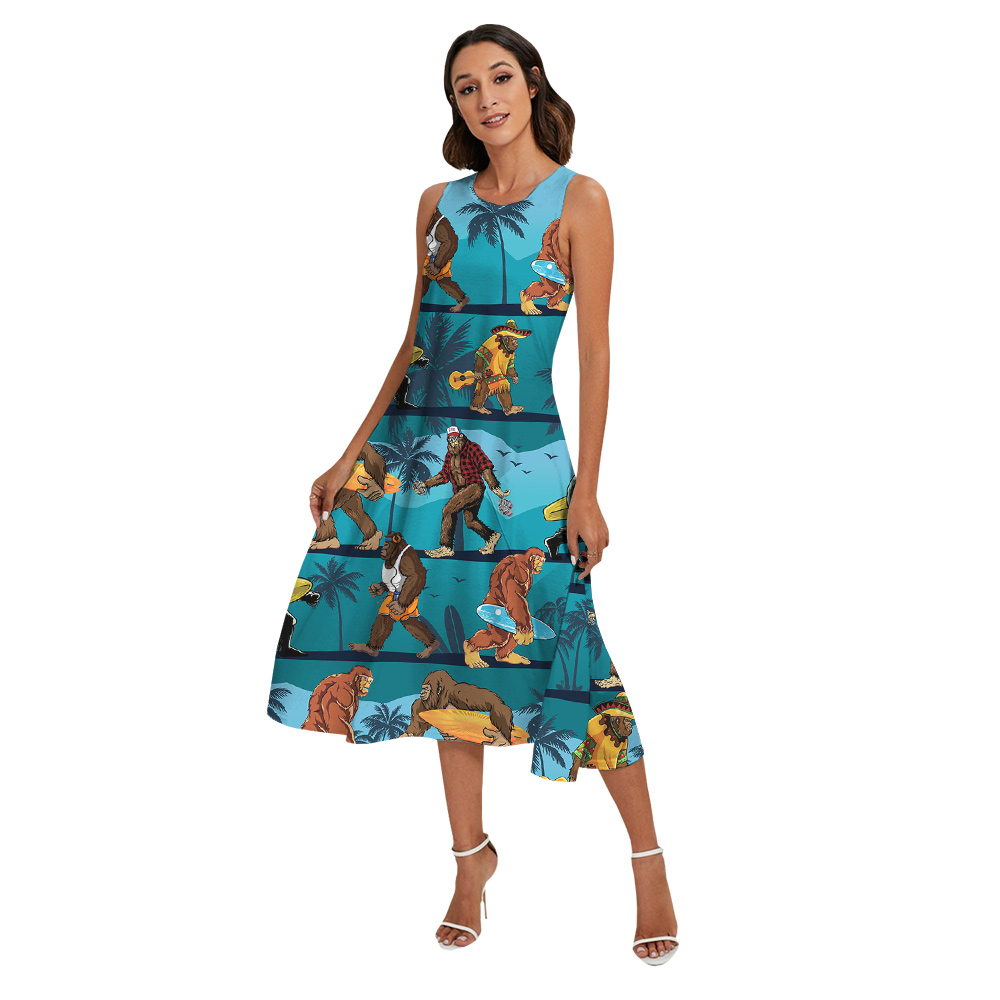 Bigfoot Surfing Vintage Tropical Palm Tree Blue Family Matching Hawaiian Outfits