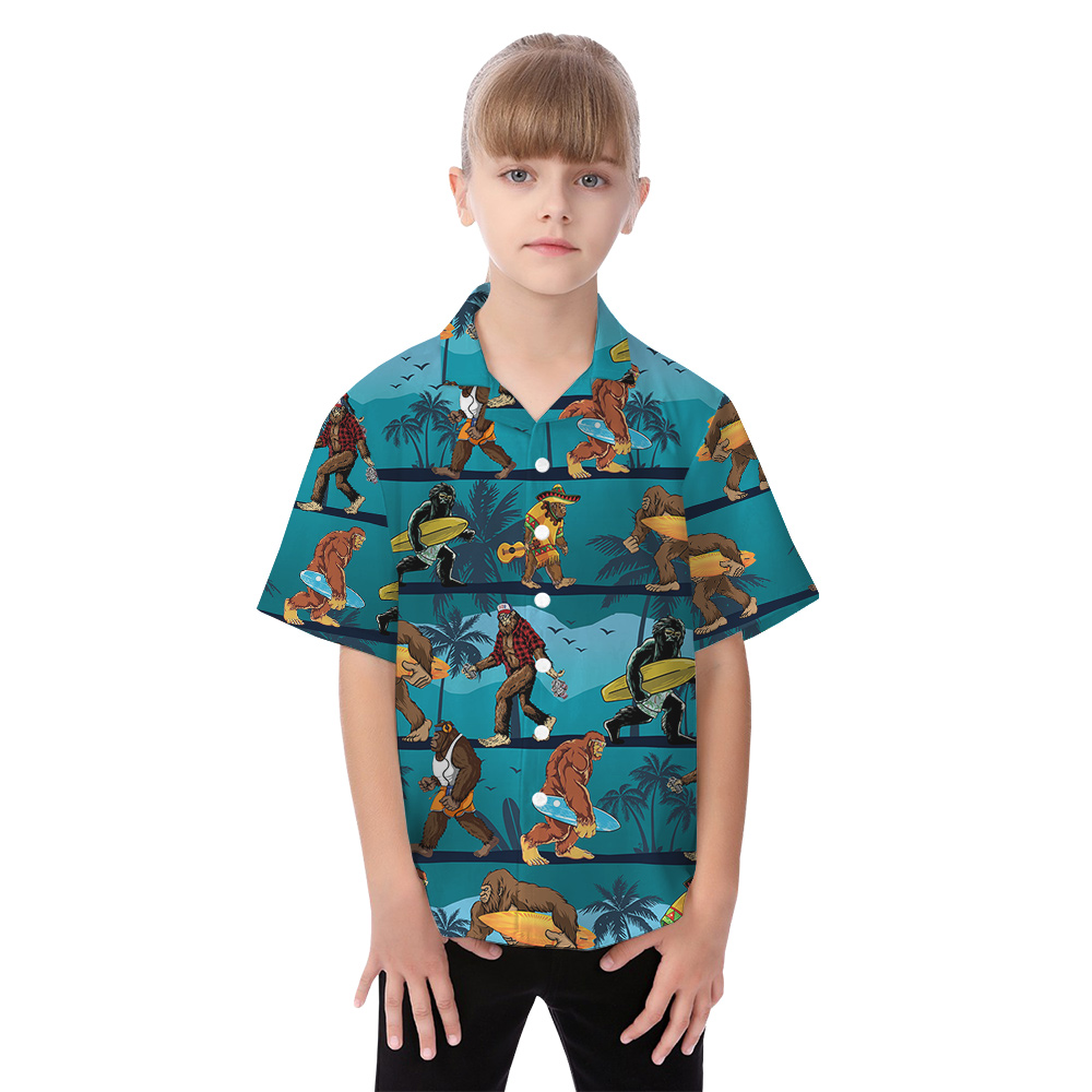 Bigfoot Surfing Vintage Tropical Palm Tree Blue Family Matching Hawaiian Outfits