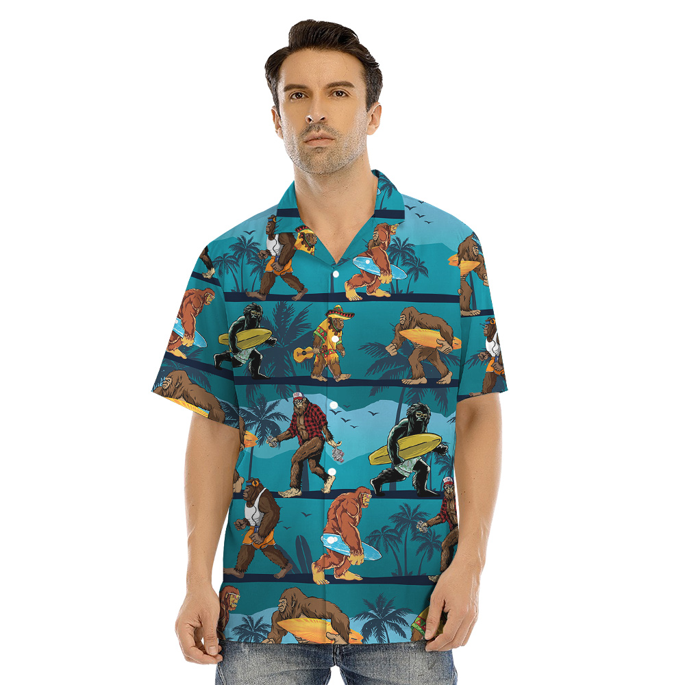 Bigfoot Surfing Vintage Tropical Palm Tree Blue Family Matching Hawaiian Outfits