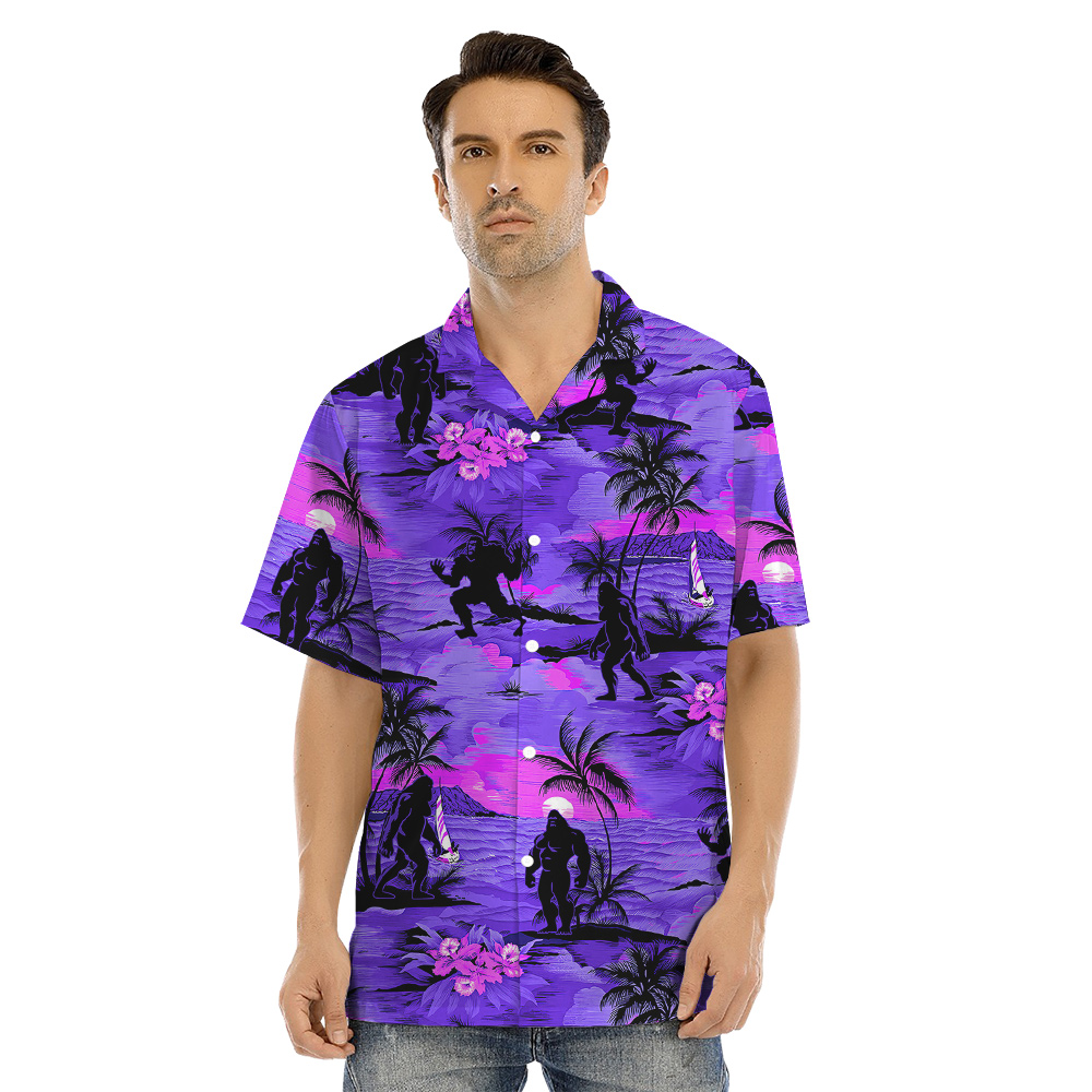 Cool Bigfoot Tropical Sunset Beach Palm Trees Matching Family Hawaiian Shirts