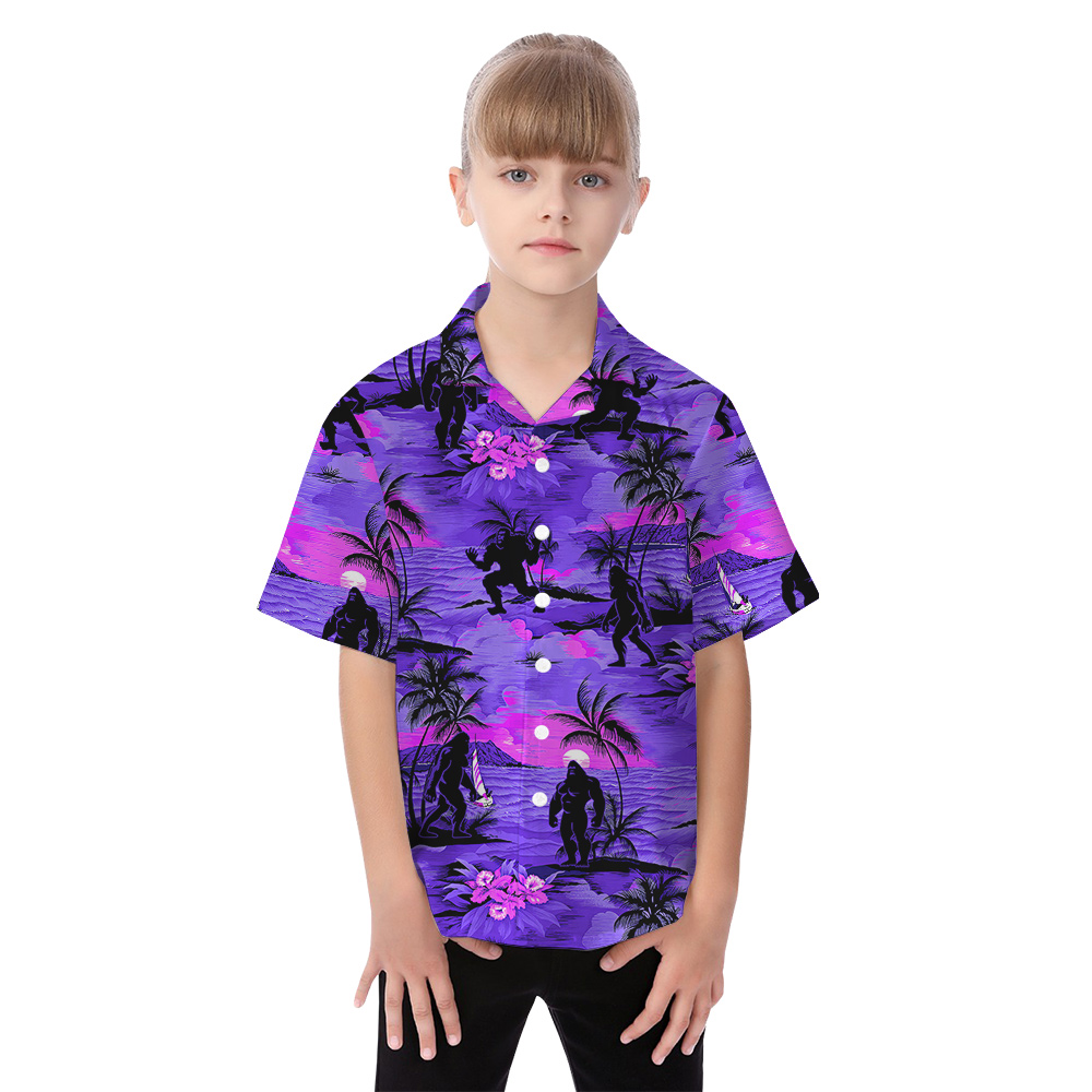 Cool Bigfoot Tropical Sunset Beach Palm Trees Matching Family Hawaiian Shirts