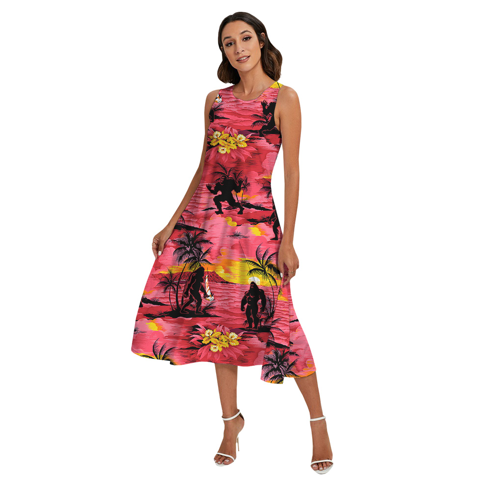 Tropical Sunset Beach Bigfoot Family Matching Red Hawaiian Outfits