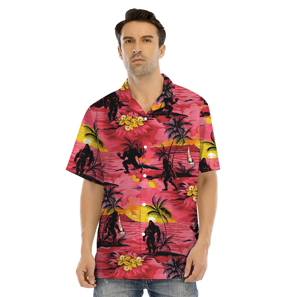 Tropical Sunset Beach Bigfoot Family Matching Red Hawaiian Outfits