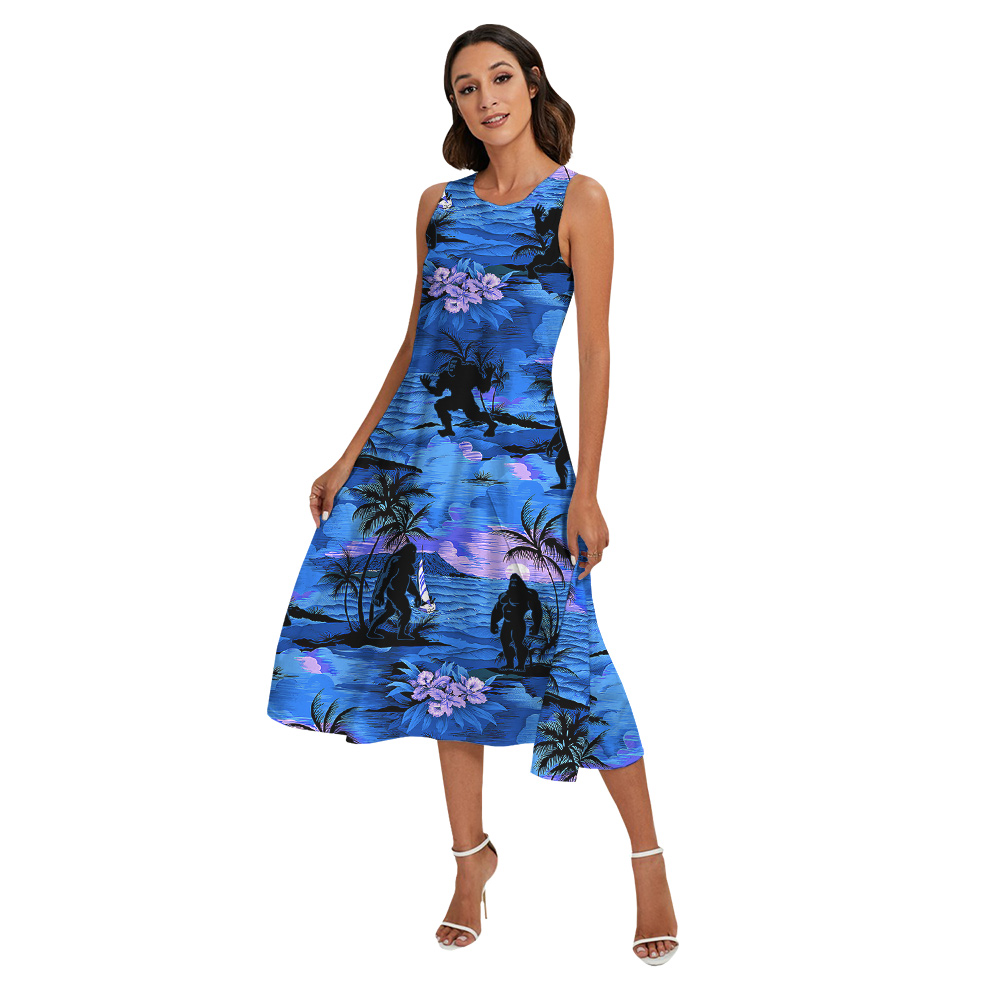 Tropical Sunset Beach Palm Trees Sasquatch Navy Matching Hawaiian Outfits For Family