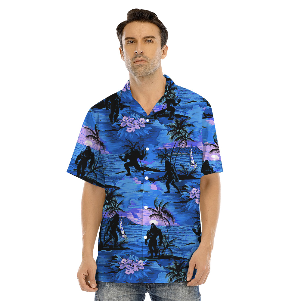 Tropical Sunset Beach Palm Trees Sasquatch Navy Matching Hawaiian Outfits For Family
