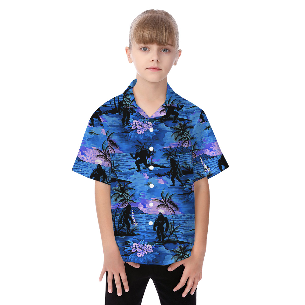 Tropical Sunset Beach Palm Trees Sasquatch Navy Matching Hawaiian Outfits For Family
