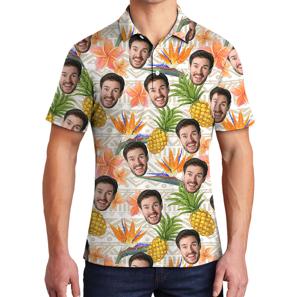 Vintage Floral Pineapple Hawaiian Polo Shirt With Custom Face - variant image 1