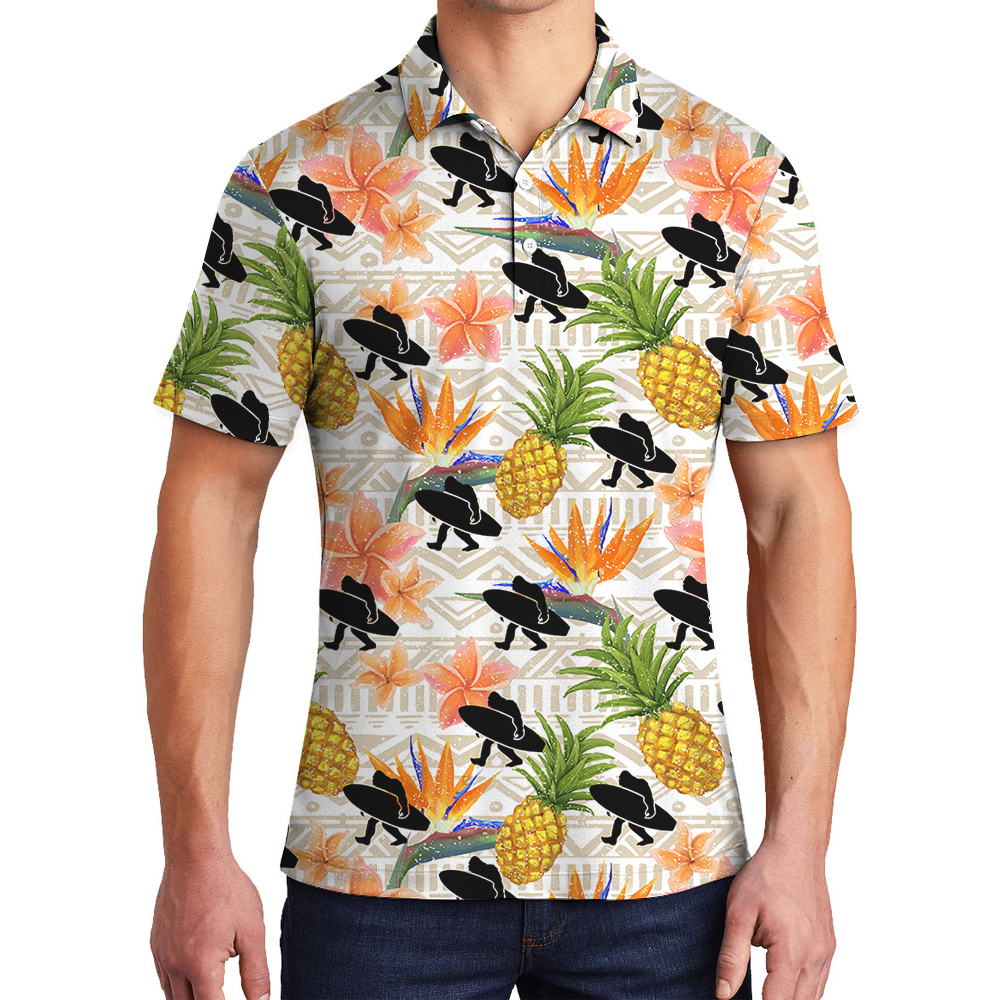 Floral Pineapple Bigfoot Surfing Board Hawaiian Polo Golf Shirt - variant image 1