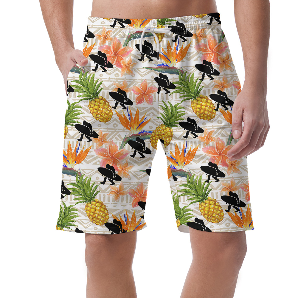 Funny Bigfoot With Surfing Board Floral Pineapple Hawaiian Beach Shorts For Men - variant image 1
