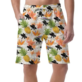Funny Bigfoot With Surfing Board Floral Pineapple Hawaiian Beach Shorts For Men