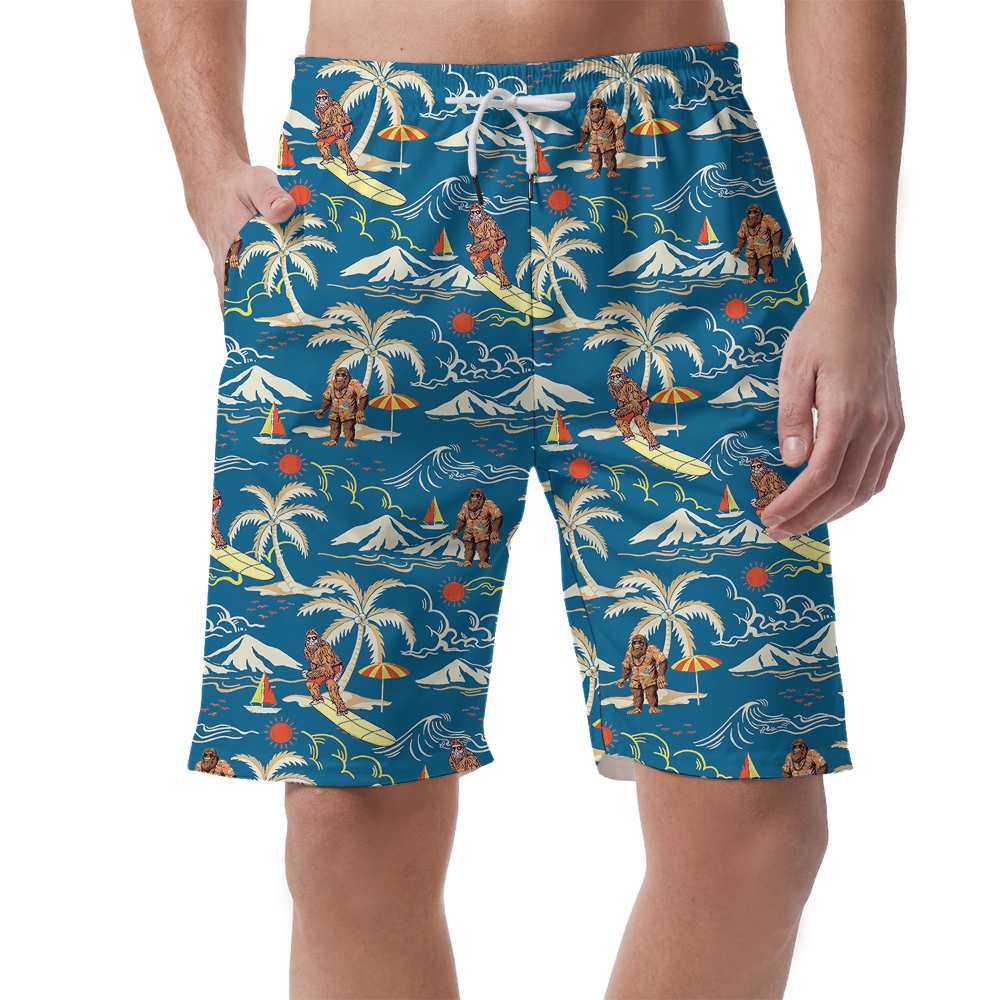 Classic Bigfoot Surfing Tropical Islands Blue Hawaiian Beach Shorts For Men - variant image 1