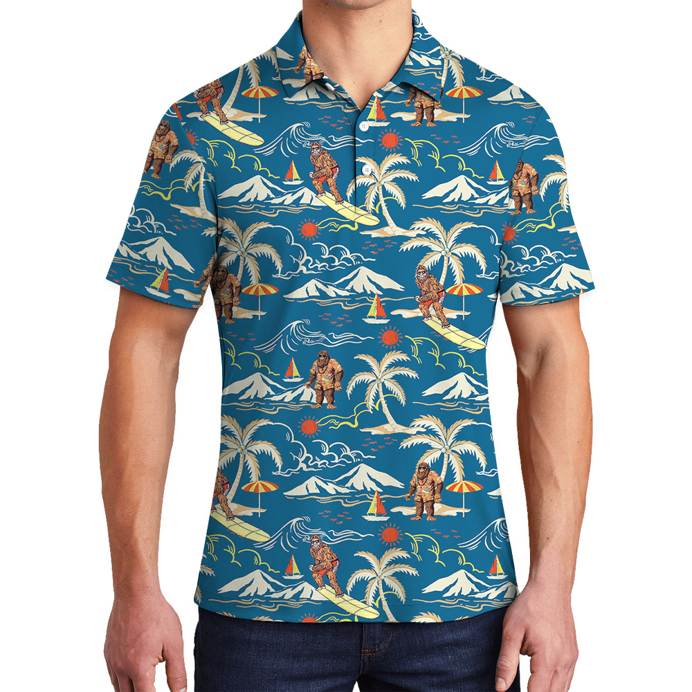 Blue Tropical Islands Sasquatch Surfing Hawaiian Polo Golf Shirt - variant image 1