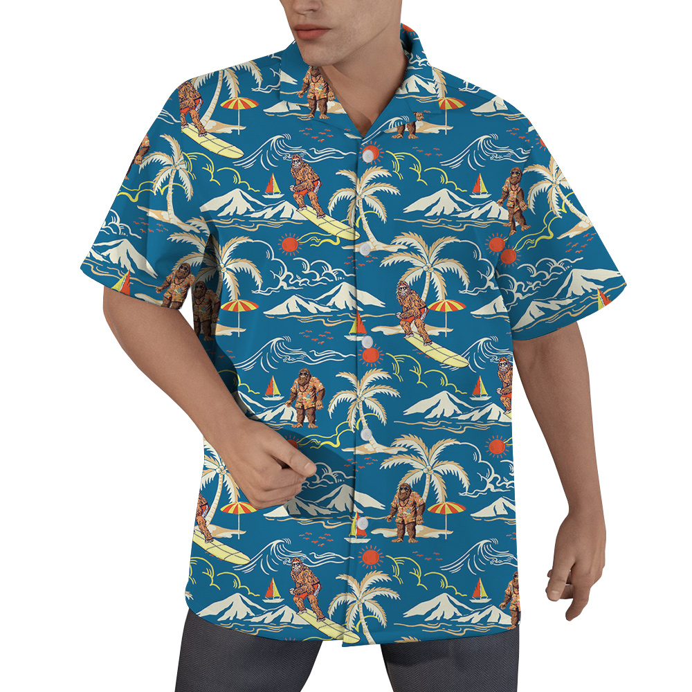 Vintage Bigfoot Surfing Tropical Islands Blue Hawaiian Shirt - variant image 1