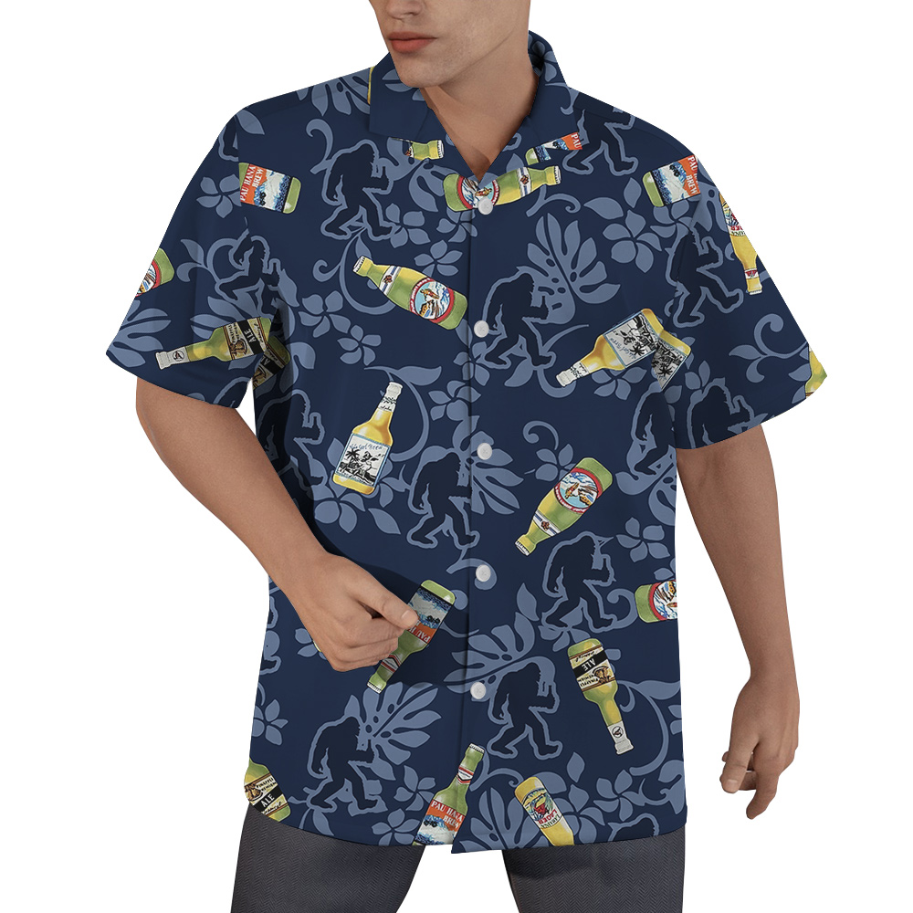 Funny Bigfoot With Beer Vintage Navy Aloha Shirt - variant image 1