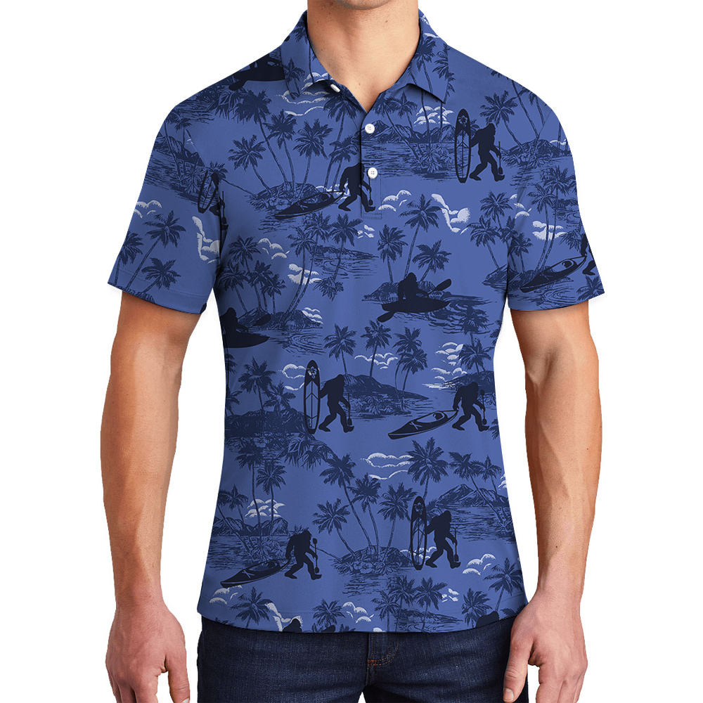 Cool Sasquatch Kayaking Tropical Palm Trees Navy Hawaiian Polo Shirt - variant image 1