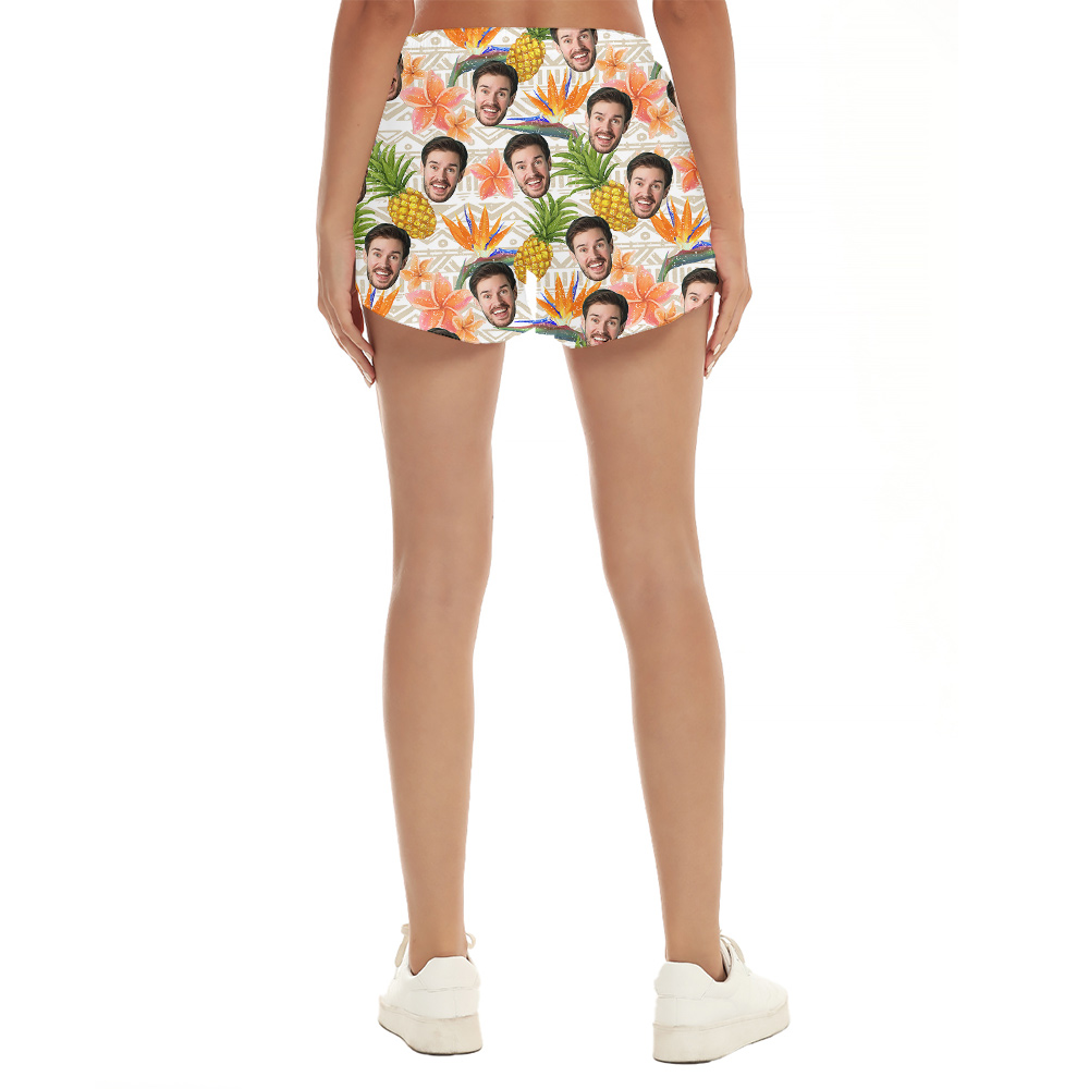 Cute Floral Pineapple Custom Face Vintage Hawaiian Beach Shorts For Women
