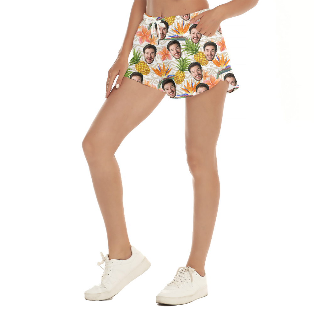 Cute Floral Pineapple Custom Face Vintage Hawaiian Beach Shorts For Women