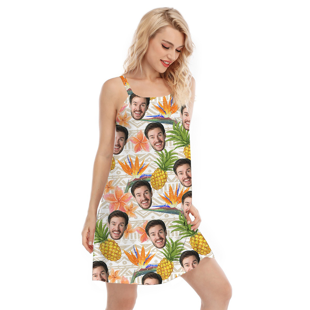 Funny Custom Face Floral Pineapple Hawaiian Cami Dress
