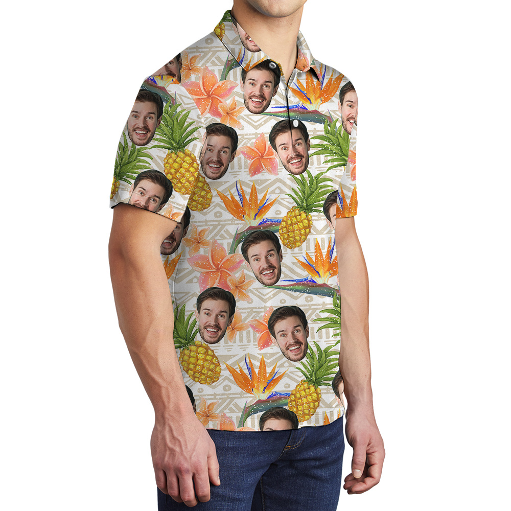 Vintage Floral Pineapple Hawaiian Polo Shirt With Custom Face