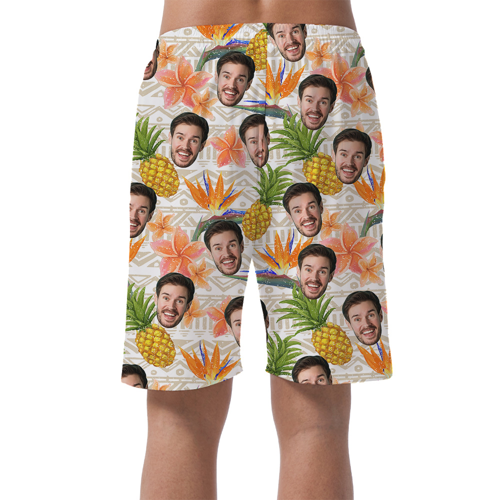 Personalized Floral Pineapple Vintage Hawaiian Beach Shorts With Face