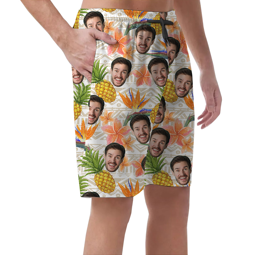 Personalized Floral Pineapple Vintage Hawaiian Beach Shorts With Face