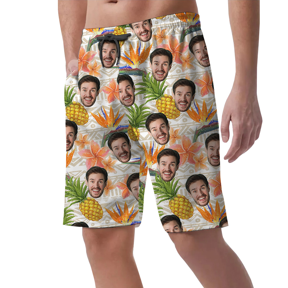 Personalized Floral Pineapple Vintage Hawaiian Beach Shorts With Face