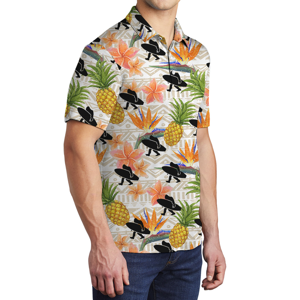 Floral Pineapple Bigfoot Surfing Board Hawaiian Polo Golf Shirt