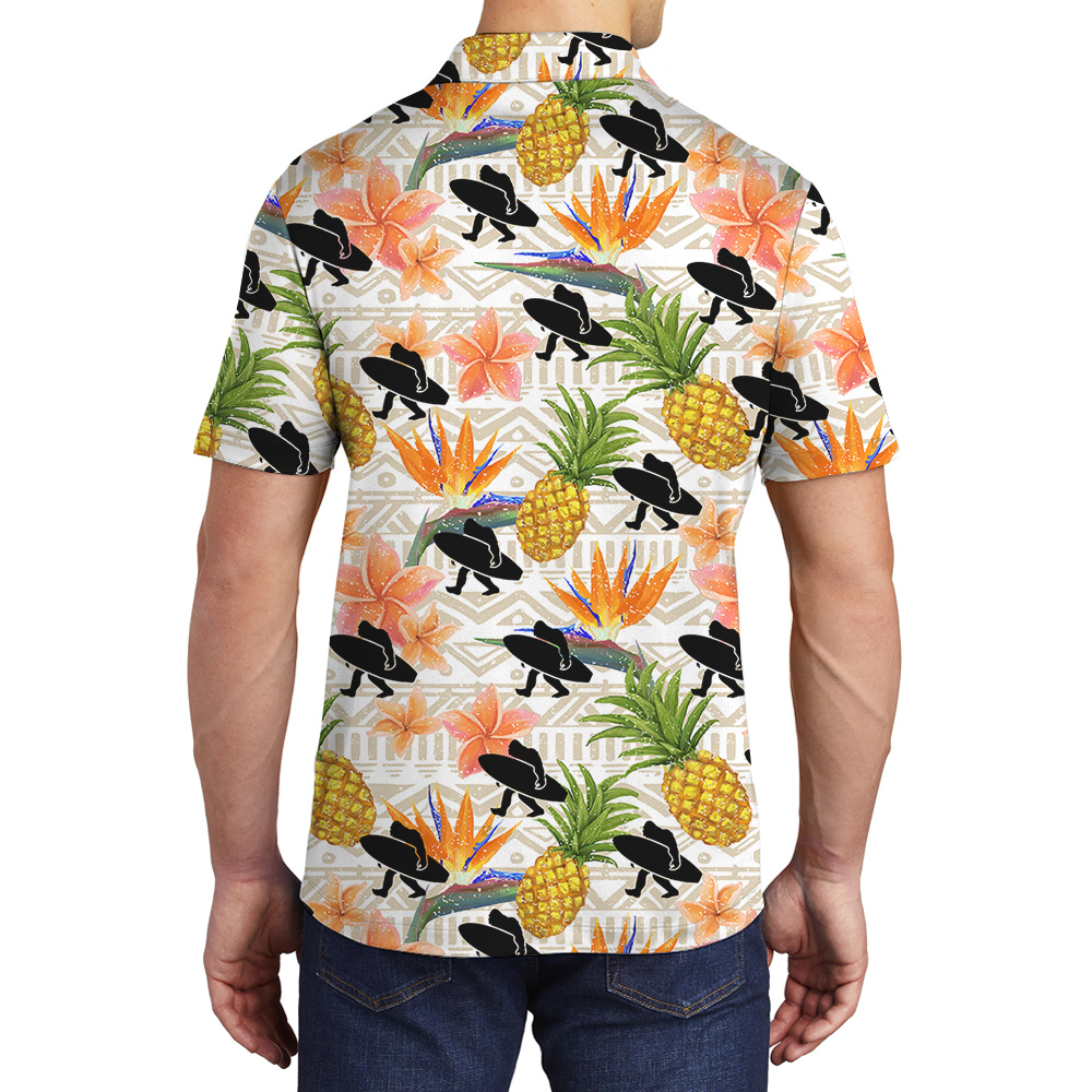 Floral Pineapple Bigfoot Surfing Board Hawaiian Polo Golf Shirt