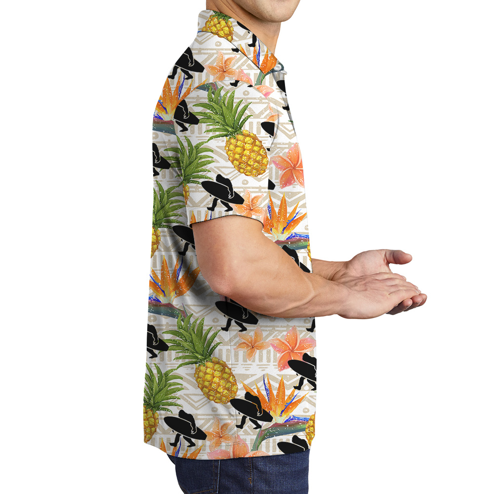 Floral Pineapple Bigfoot Surfing Board Hawaiian Polo Golf Shirt