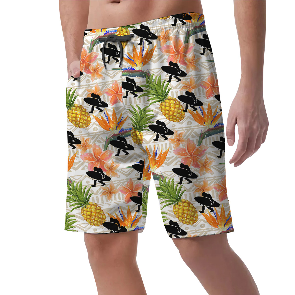 Funny Bigfoot With Surfing Board Floral Pineapple Hawaiian Beach Shorts For Men