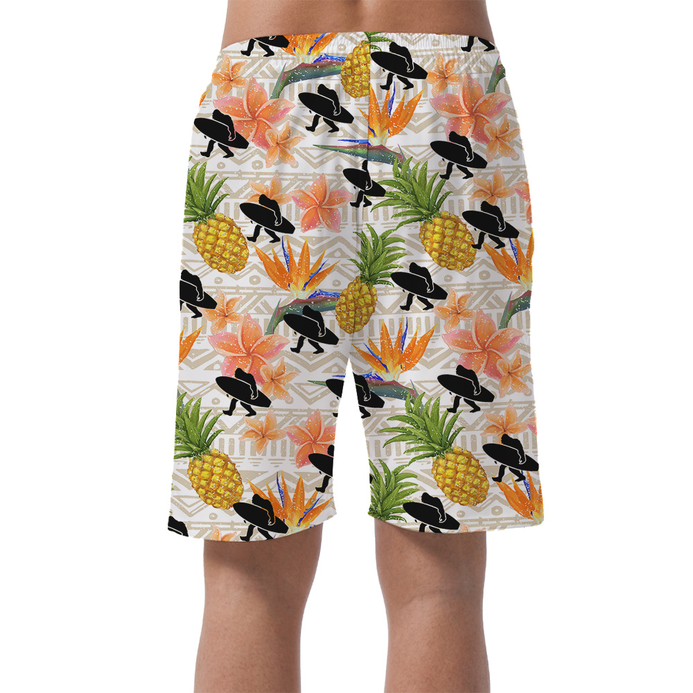 Funny Bigfoot With Surfing Board Floral Pineapple Hawaiian Beach Shorts For Men