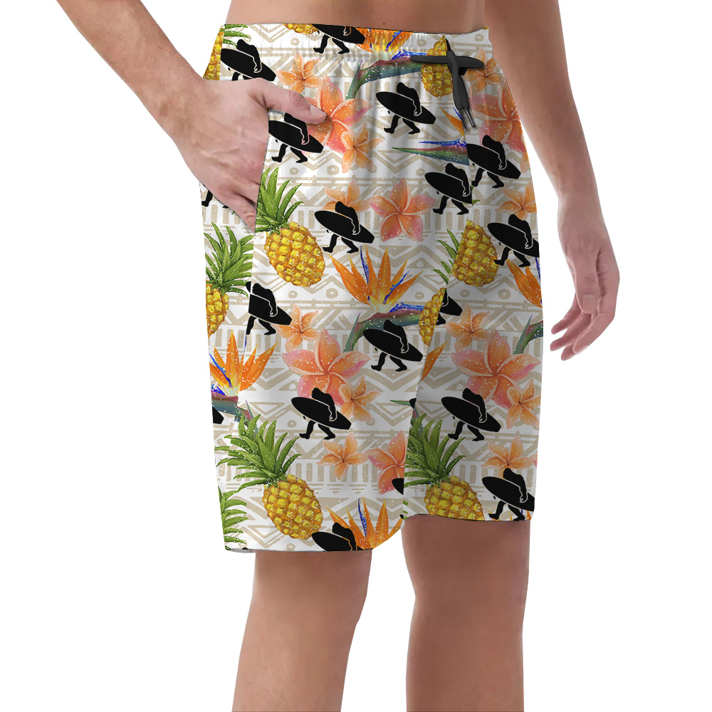 Funny Bigfoot With Surfing Board Floral Pineapple Hawaiian Beach Shorts For Men