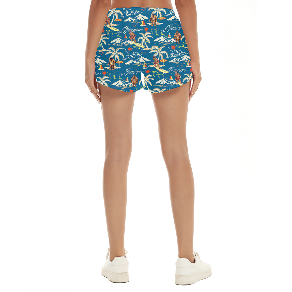 Surfing Sasquatch Tropical Islands Blue Hawaiian Beach Shorts For Women