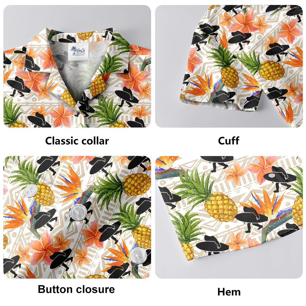 Bigfoot With Surf Board Floral Pineapple Hawaiian Shirt