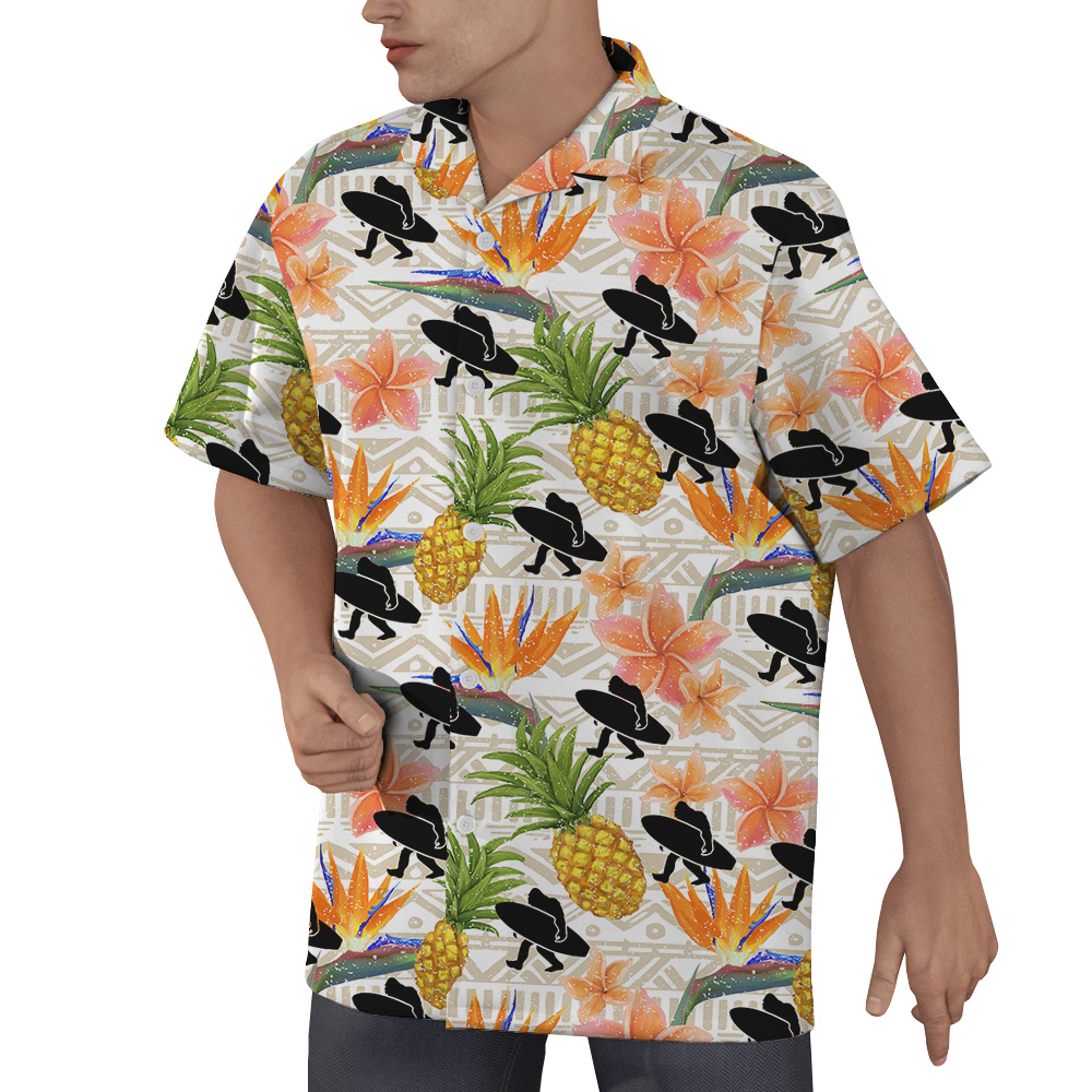 Bigfoot With Surf Board Floral Pineapple Hawaiian Shirt