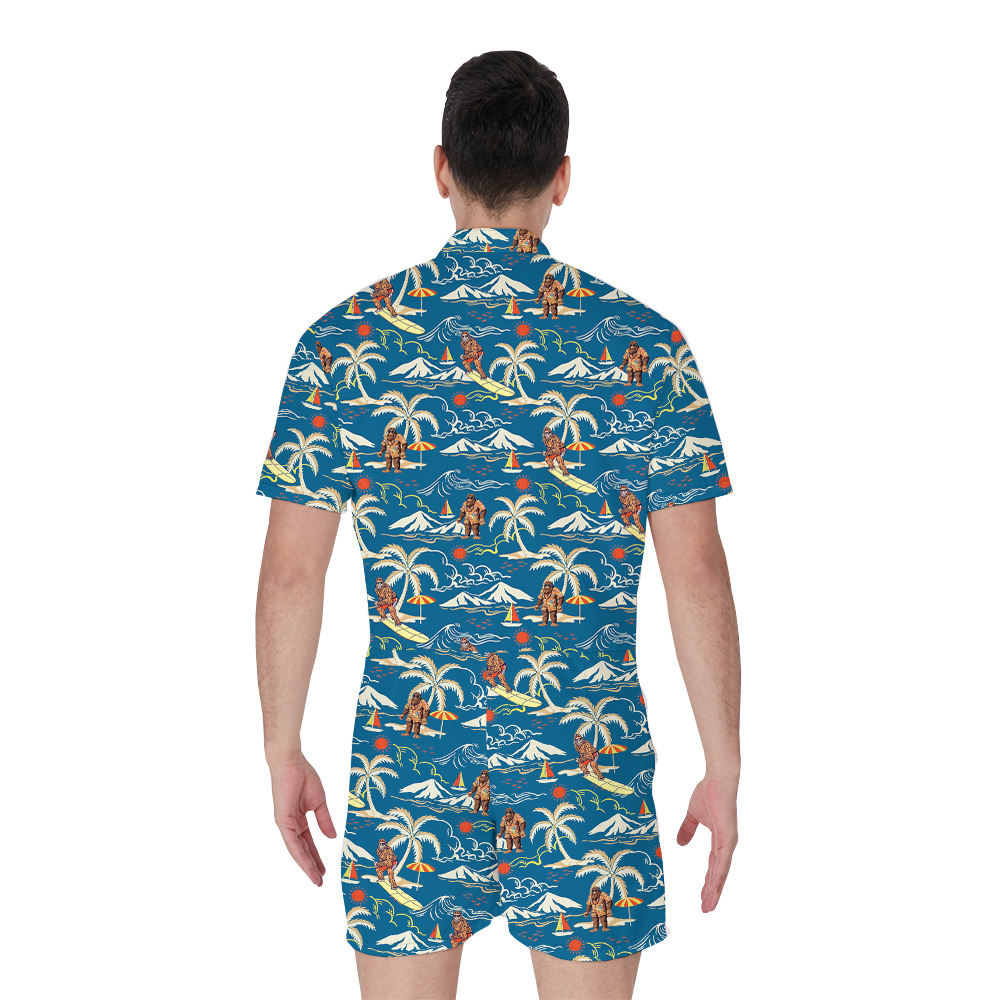 Tropical Beach Surfing Sasquatch Blue Men's Hawaiian Romper