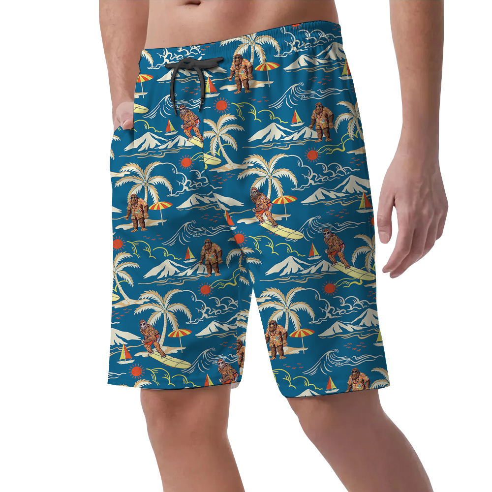 Classic Bigfoot Surfing Tropical Islands Blue Hawaiian Beach Shorts For Men