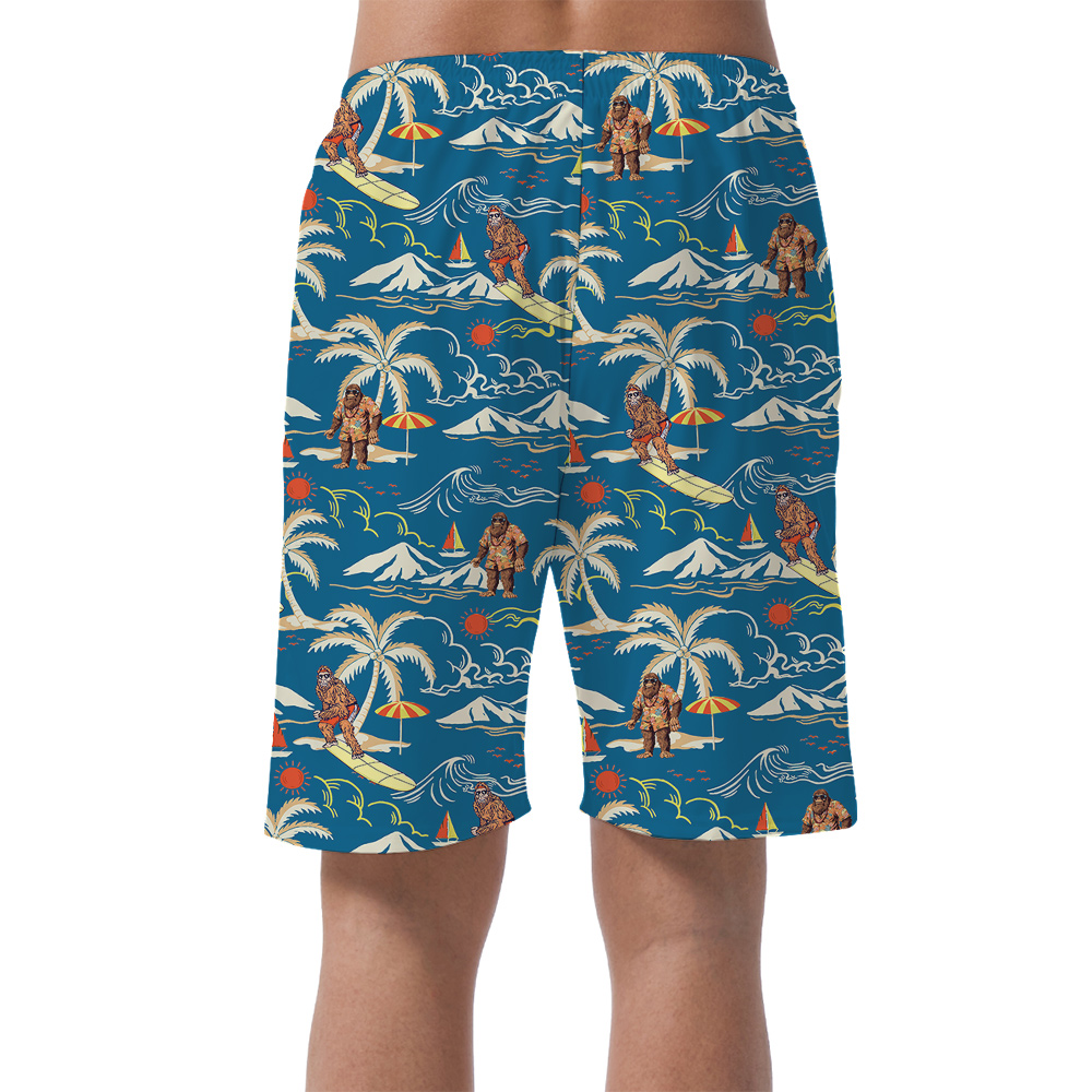 Classic Bigfoot Surfing Tropical Islands Blue Hawaiian Beach Shorts For Men