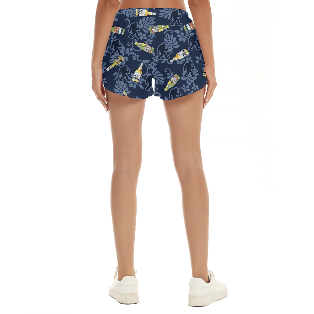 Funny Bigfoot With Beer Tropical Hawaiian Navy Beach Shorts For Women