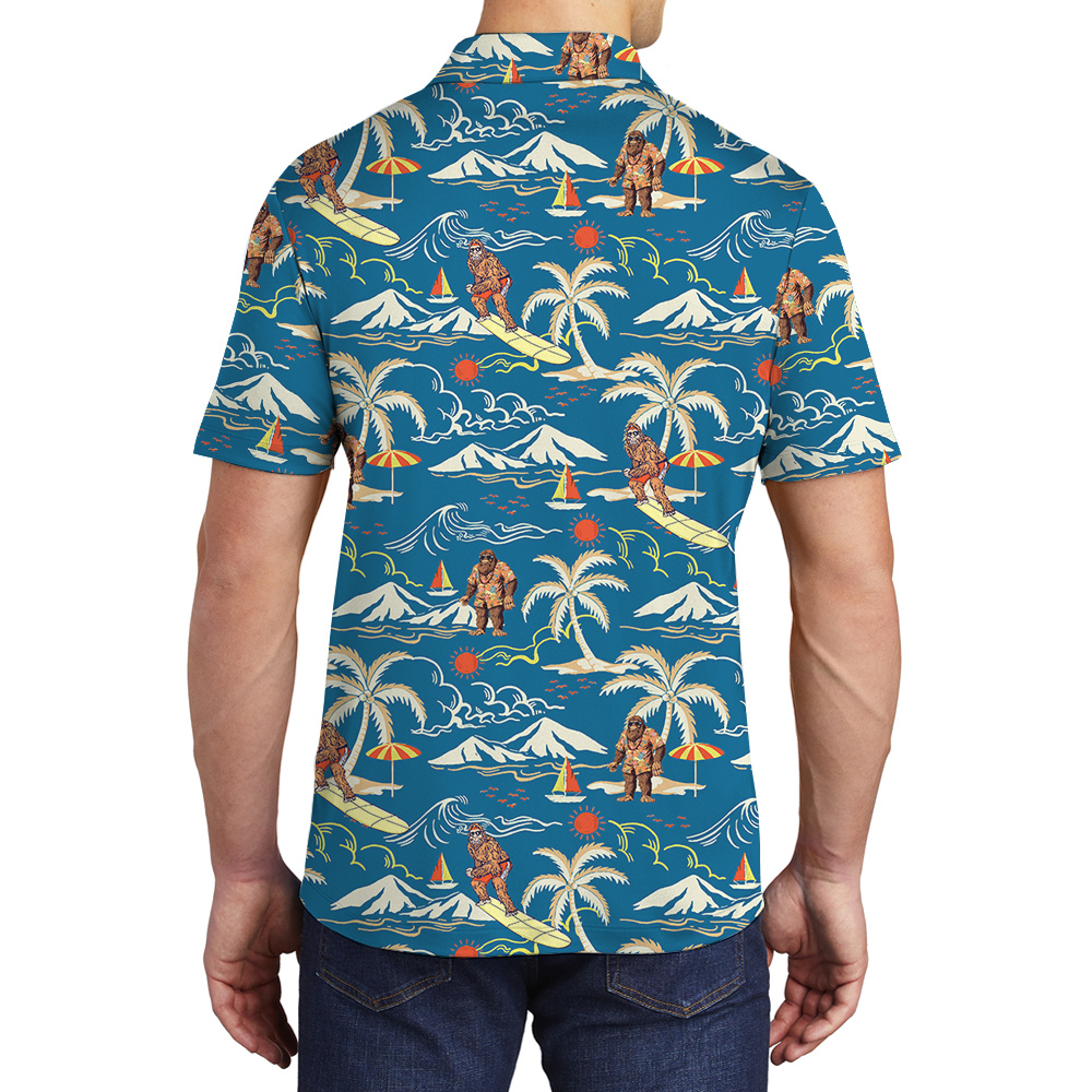 Blue Tropical Islands Sasquatch Surfing Hawaiian Polo Golf Shirt