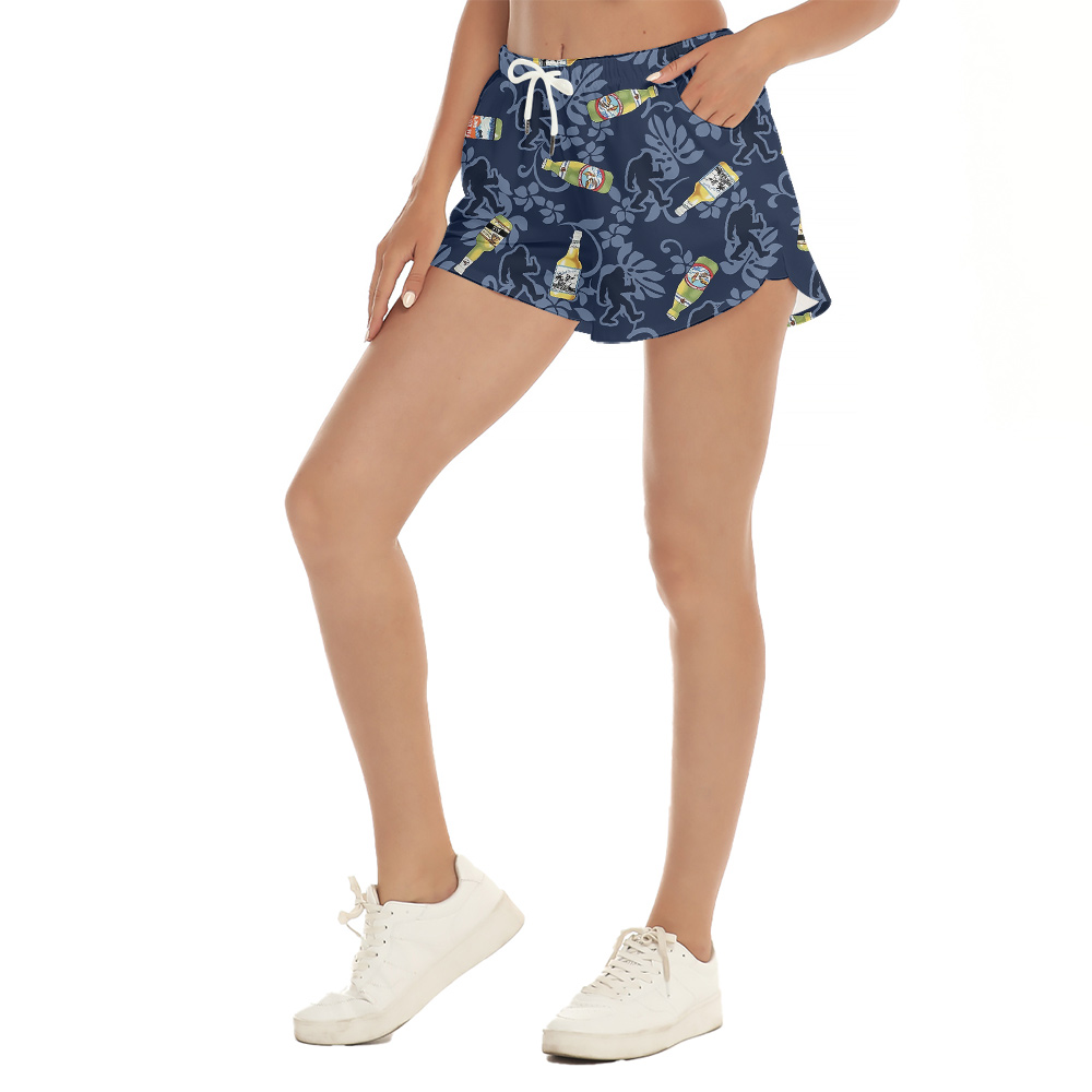 Funny Bigfoot With Beer Tropical Hawaiian Navy Beach Shorts For Women
