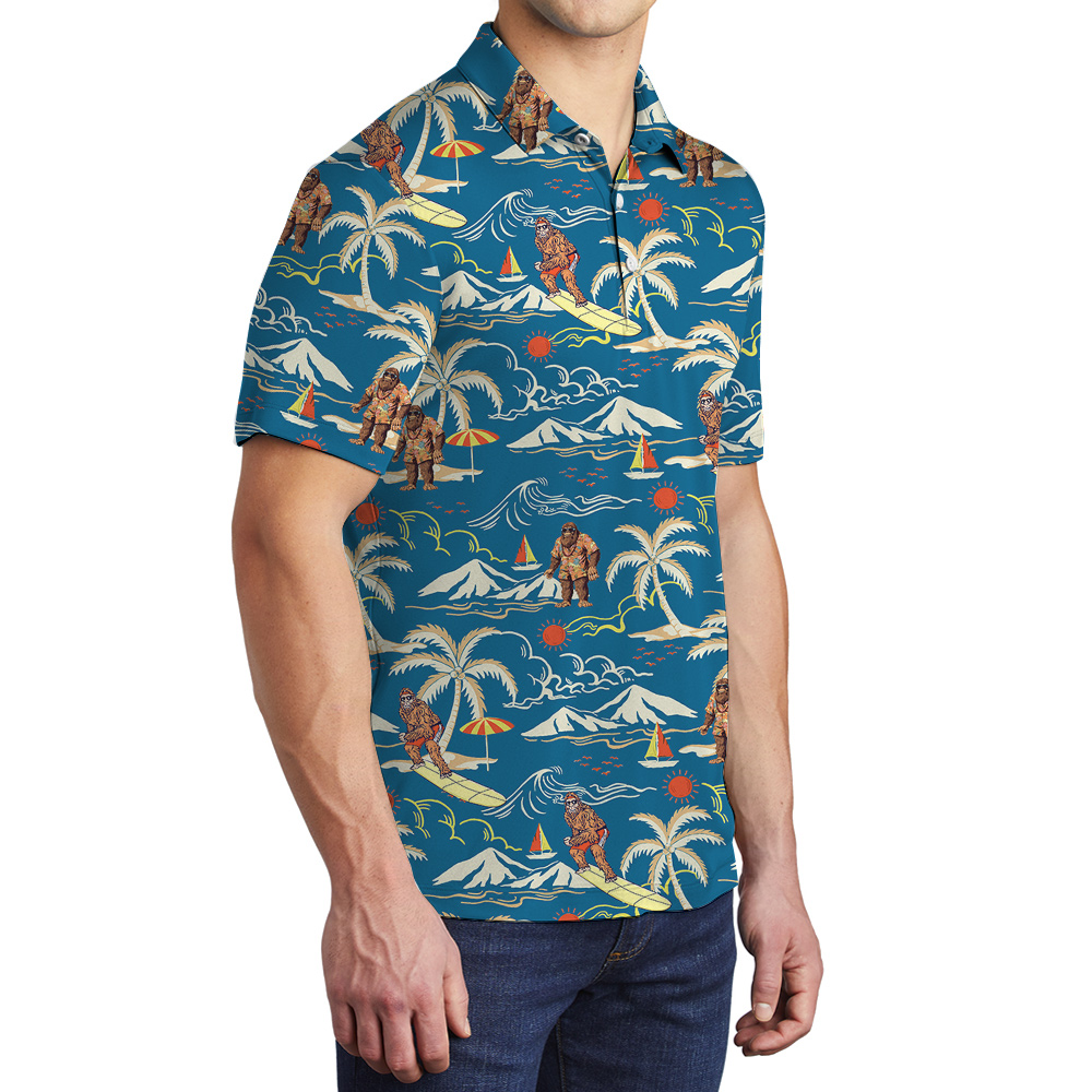 Blue Tropical Islands Sasquatch Surfing Hawaiian Polo Golf Shirt