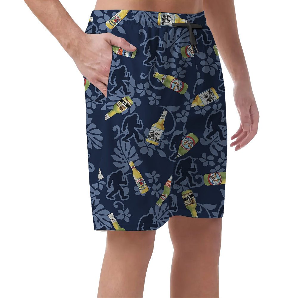 Funny Bigfoot And Beer Tropical Navy Classic Hawaiian Beach Shorts For Men