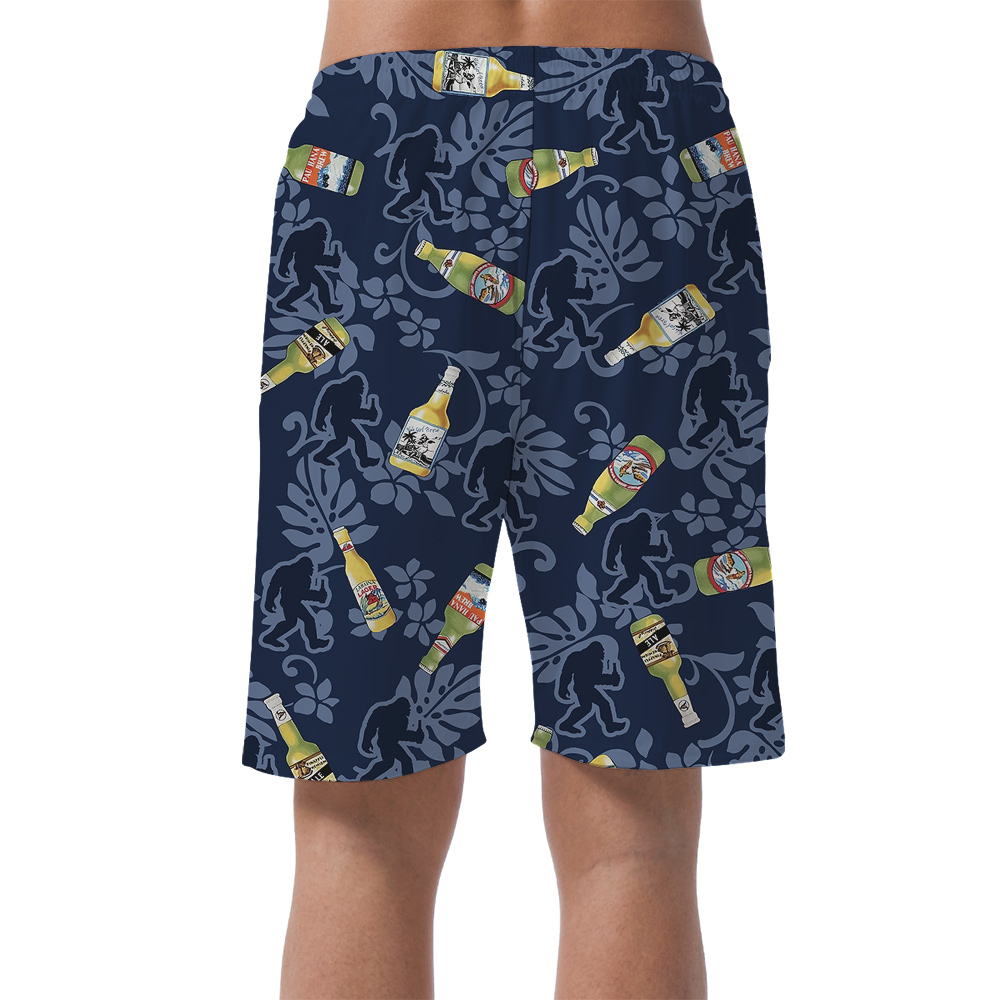 Funny Bigfoot And Beer Tropical Navy Classic Hawaiian Beach Shorts For Men