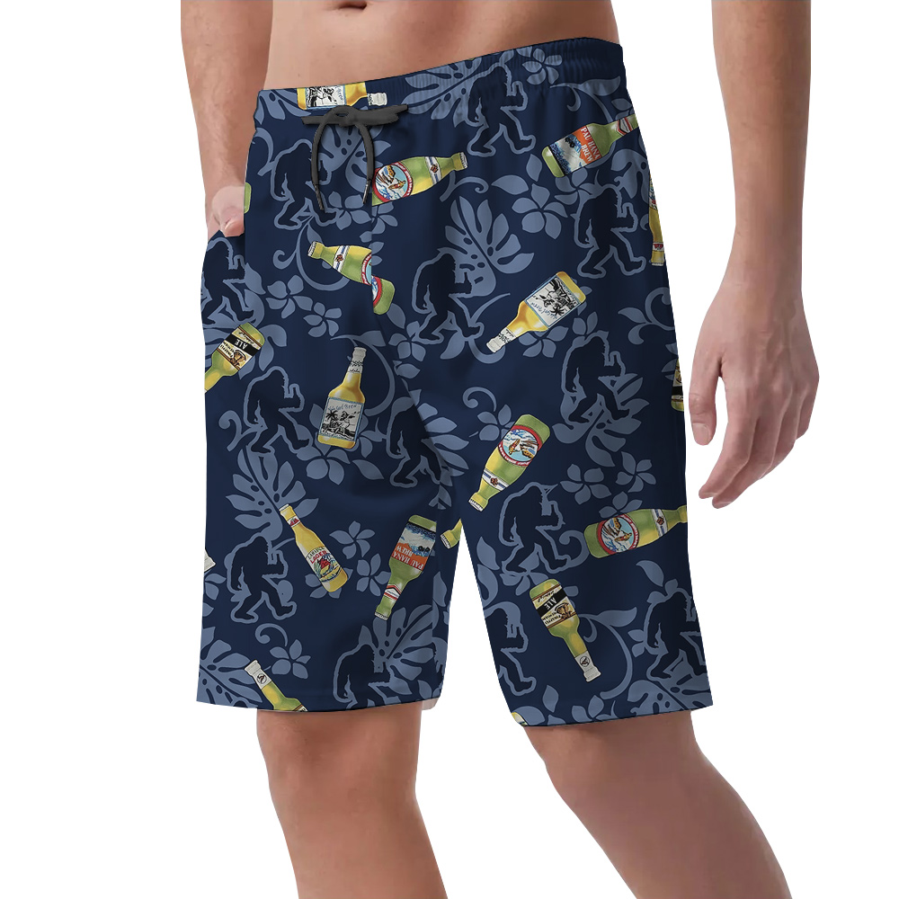 Funny Bigfoot And Beer Tropical Navy Classic Hawaiian Beach Shorts For Men