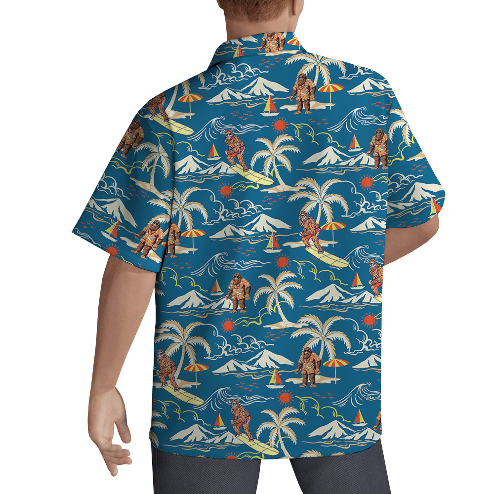 Vintage Bigfoot Surfing Tropical Islands Blue Hawaiian Shirt